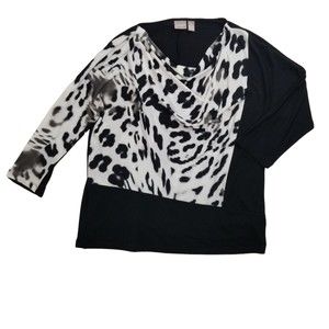 Chicos Sz 2 Tunic Top Leopard Print Color Block Womens L Sz 12 Black White Cowl